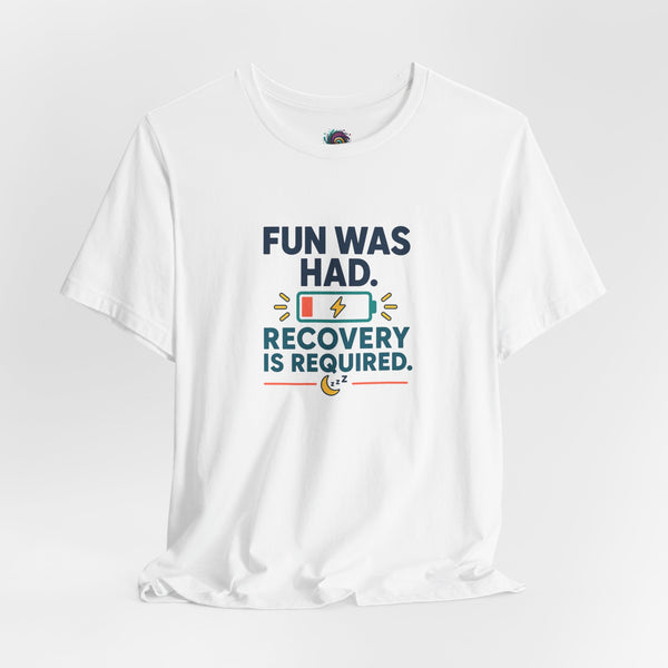 White crew-neck T-shirt with "Recovery is required" lightning graphic on front