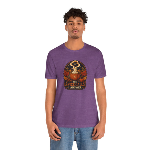 Purple short-sleeve T-shirt with orange pumpkin spice cauldron graphic on chest