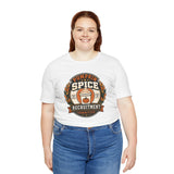 White crew-neck T-shirt with Pumpkin Spice Recruitment Committee graphic on chest