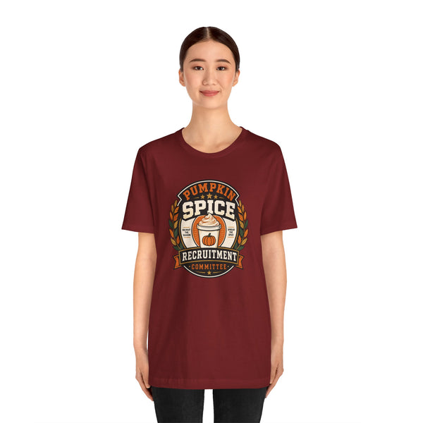 Burgundy crew-neck T-shirt featuring Pumpkin Spice Recruitment chest graphic