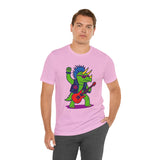 Heather pink crewneck t-shirt with punk triceratops playing a red electric guitar front print