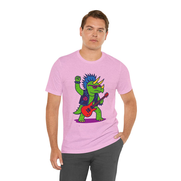 Heather pink crewneck t-shirt with punk triceratops playing a red electric guitar front print