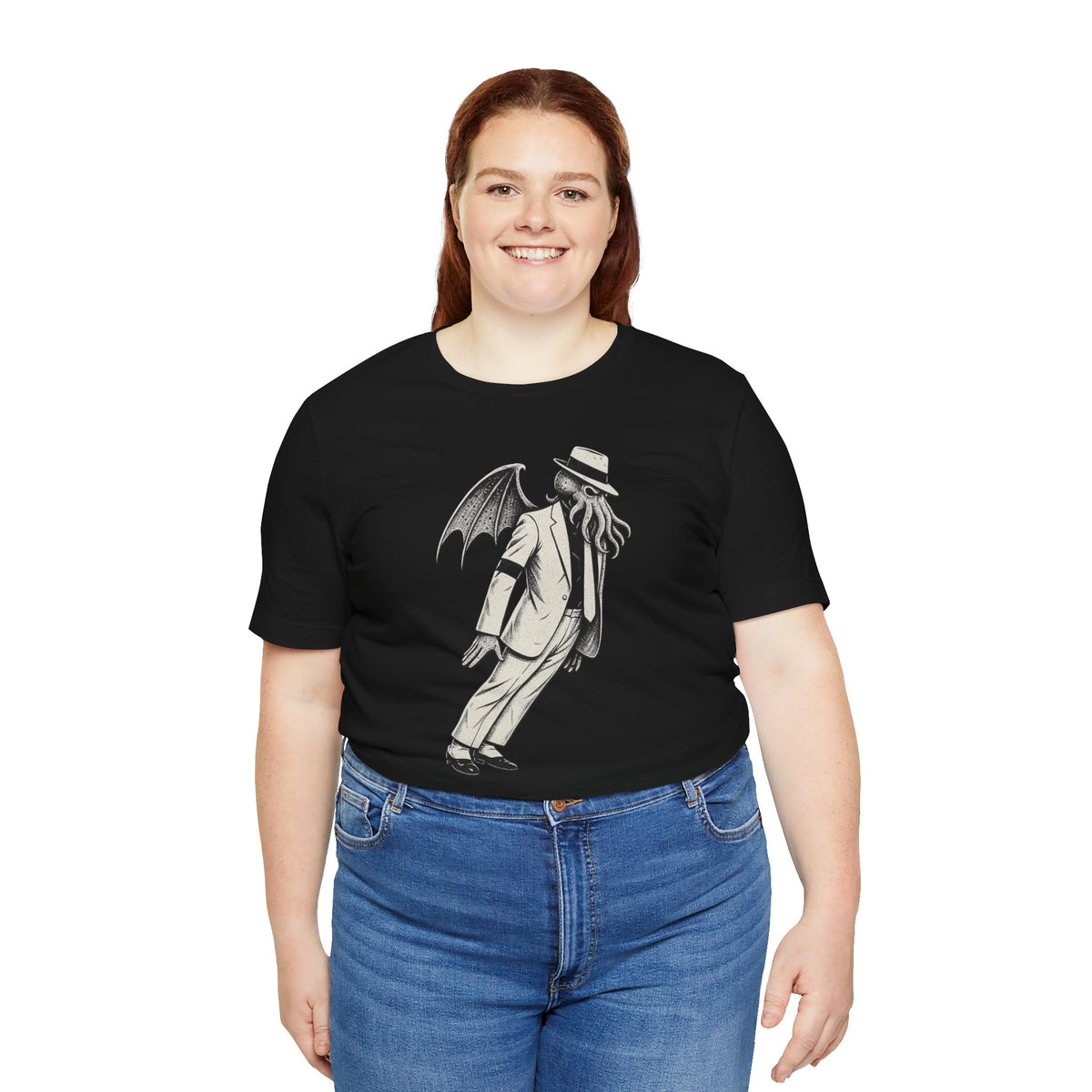 Black crewneck T-shirt with white graphic illustration on the chest