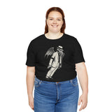 Black crewneck T-shirt with white graphic illustration on the chest