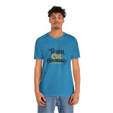 Bright blue crewneck t-shirt with 'Team Cat, Obviously' front graphic, straight on