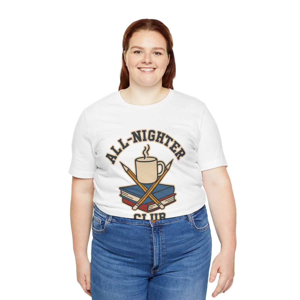 White crew-neck t-shirt featuring “All-Nighter Club” coffee and books logo