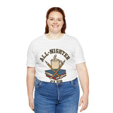 White crew-neck t-shirt featuring “All-Nighter Club” coffee and books logo