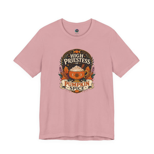 Blush pink T-shirt with round pumpkin spice graphic on the front