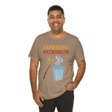 Heather taupe t-shirt on model, “Espresso Patronum” coffee cup, steam, and wand print