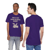 Purple crewneck short-sleeve T-shirt with snow blower graphic and “THIS IS MY SNOW-BLOWING SHIRT” text