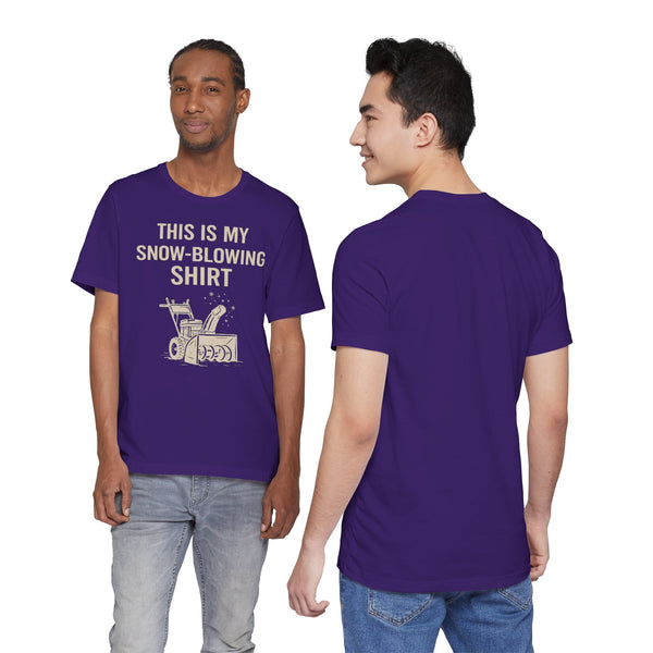 Purple crewneck short-sleeve T-shirt with snow blower graphic and “THIS IS MY SNOW-BLOWING SHIRT” text