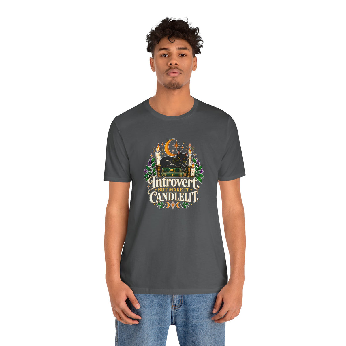 Introvert But Make It Candlelit T-shirt - Witchy Bookish Cat Tee