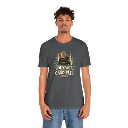Introvert But Make It Candlelit T-shirt - Witchy Bookish Cat Tee