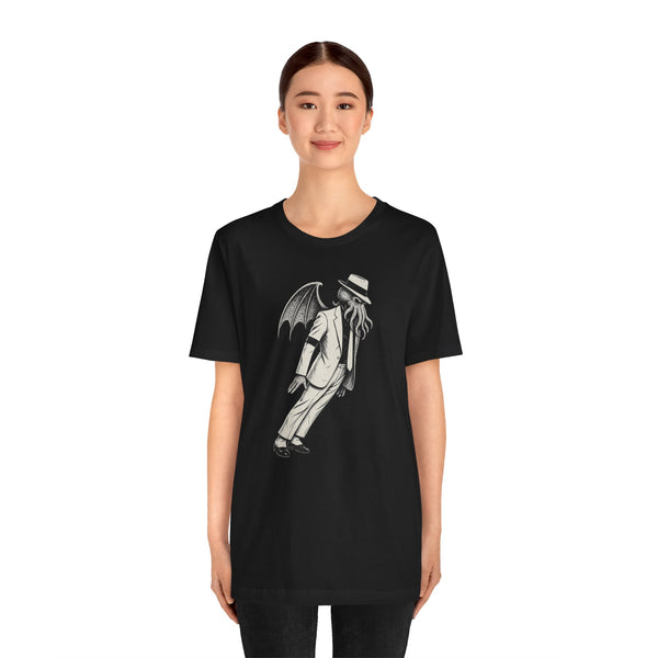 Black crewneck T-shirt with white graphic print of a cloaked, winged figure