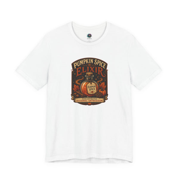 White crew-neck T-shirt with Pumpkin Spice Elixir front graphic