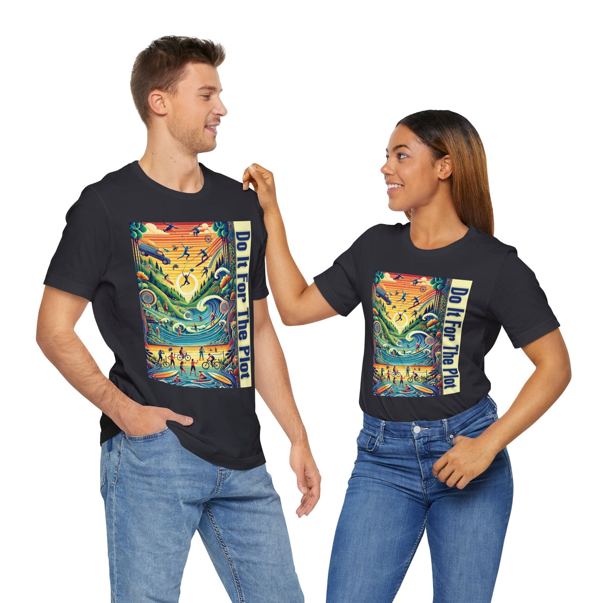 Black crew-neck T-shirt with colorful front graphic, paired with blue jeans