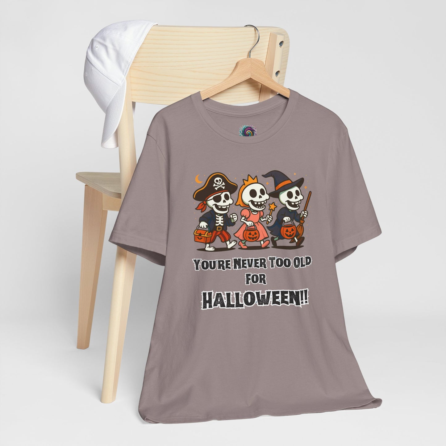 Never Too Old for Halloween T-Shirt – Funny Adult Halloween Shirt