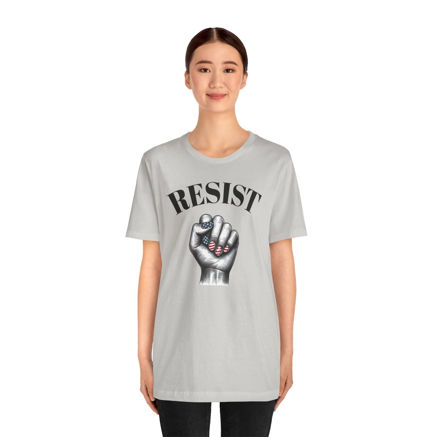 Resist Feminist Power Fist Tee – USA Flag Nails Protest Shirt