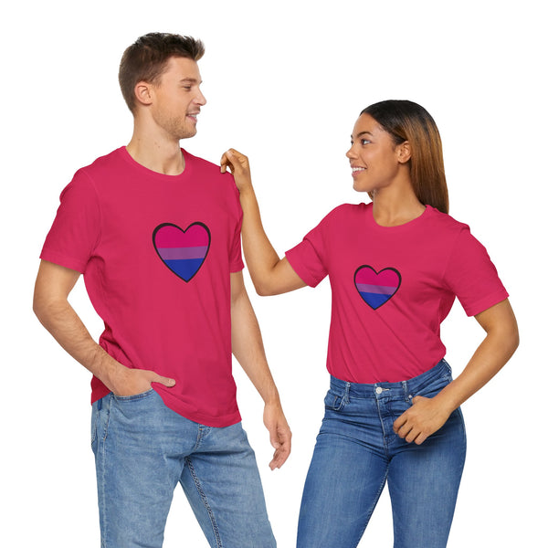 Matching fuchsia/pink crew-neck T-shirts with black heart Pride flag graphics