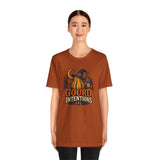 Rust brown T-shirt with witchy gourd graphic and crew neck