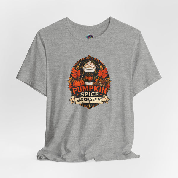 Heather gray crewneck T-shirt with pumpkin spice graphic on the chest; folded view