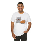 White cat and turkey print t-shirt with cute hungry cat illustration, crew neck