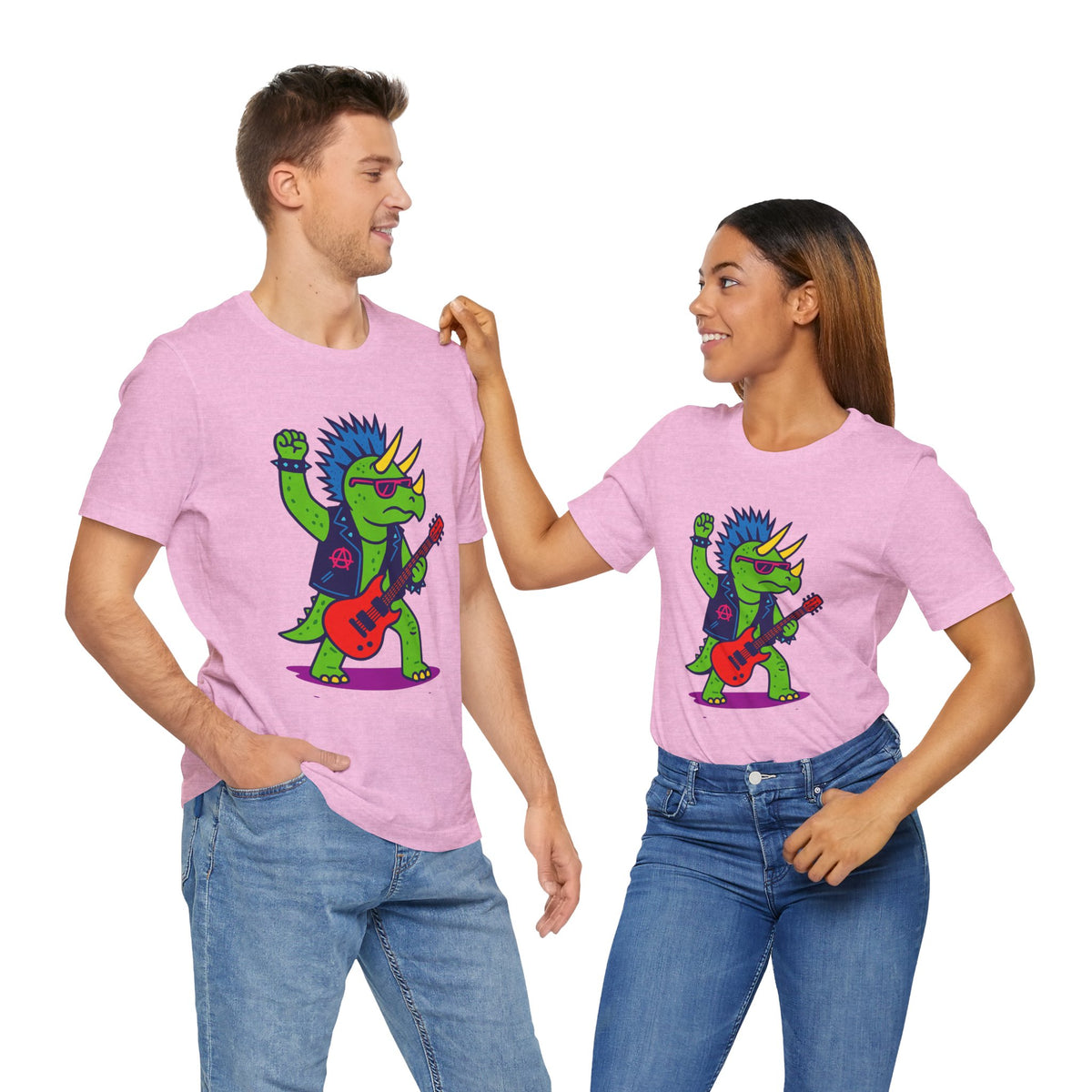 Heather pink crewneck t-shirt with punk triceratops playing red electric guitar front print