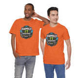 Orange crew-neck T-shirts (two) with Family IT Department logo graphics