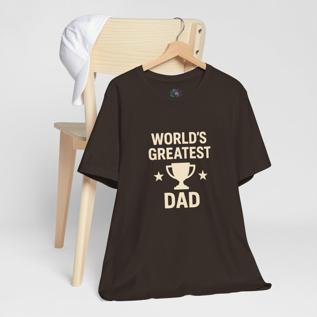 Black crewneck T-shirt with trophy "WORLD'S GREATEST DAD" front graphic