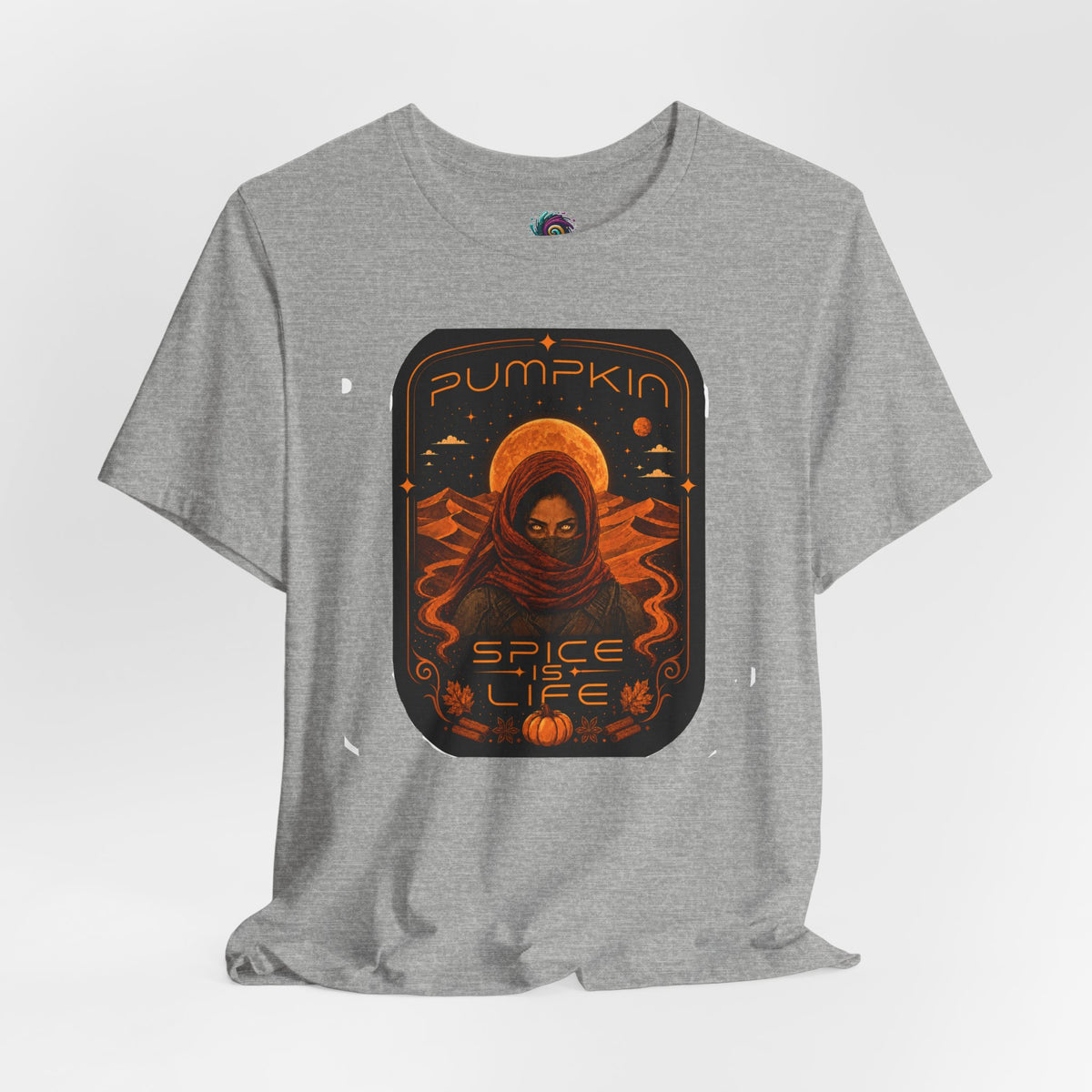 Heather gray crewneck T-shirt with pumpkin astronaut graphic framed in black