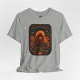 Heather gray crewneck T-shirt with pumpkin astronaut graphic framed in black