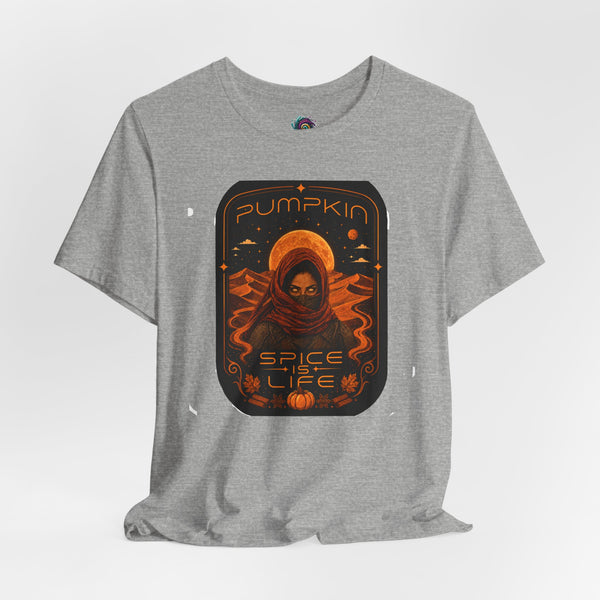 Heather gray crewneck T-shirt with pumpkin astronaut graphic framed in black
