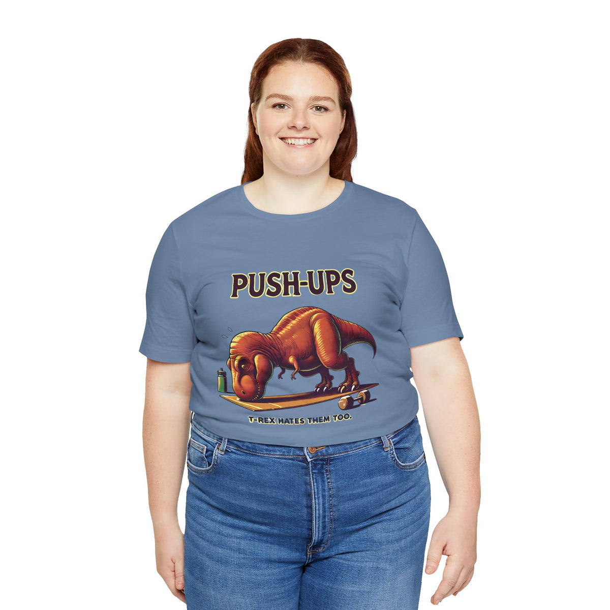 Blue crew-neck T-shirt with 'PUSH-UPS' T-Rex graphic, worn by model