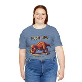 Blue crew-neck T-shirt with 'PUSH-UPS' T-Rex graphic, worn by model