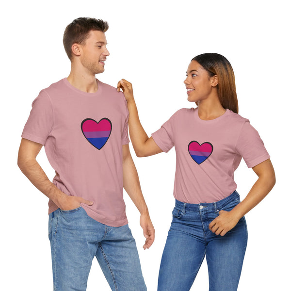 Soft pink T-shirt set featuring an outlined heart Pride flag graphic on both people