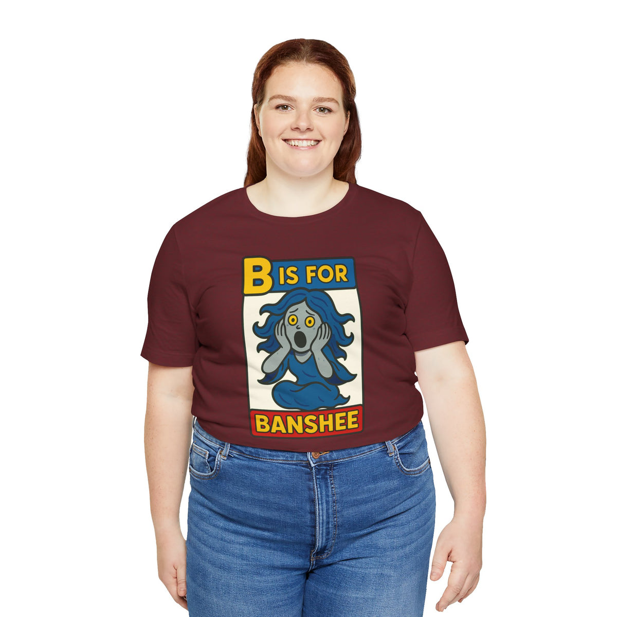 Maroon T-shirt featuring 'B is for Banshee' front graphic