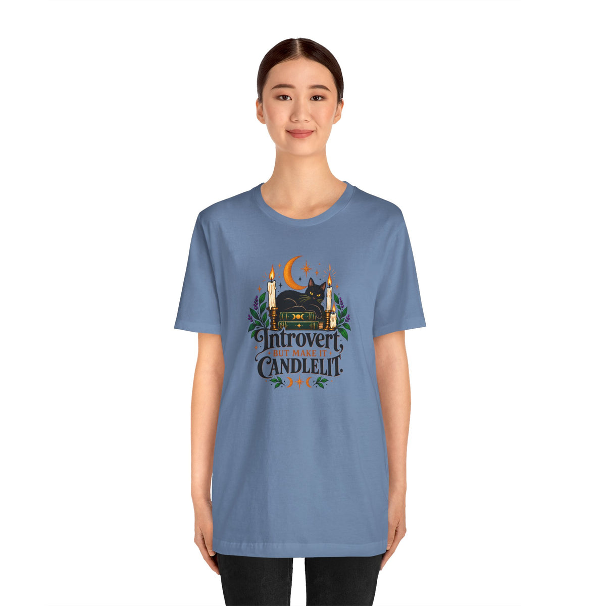 Introvert But Make It Candlelit T-shirt - Witchy Bookish Cat Tee