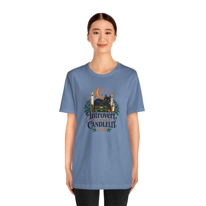 Introvert But Make It Candlelit T-shirt - Witchy Bookish Cat Tee