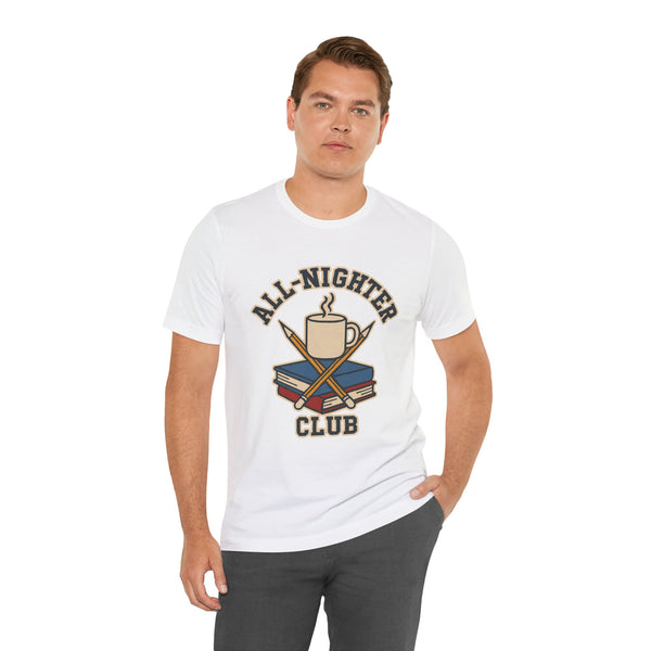 White short-sleeve t-shirt with “All-Nighter Club” coffee-cup and books graphic