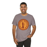 Heather gray crewneck t-shirt with centered orange round goddess emblem