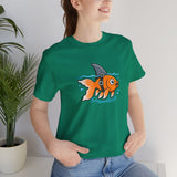 Green crew-neck t-shirt with orange fish-shark front graphic