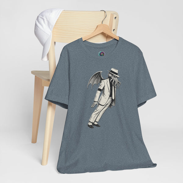 Heather slate unisex graphic t-shirt with tall skeleton bat-wing print
