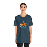 Teal short-sleeve crew-neck T-shirt with orange fish-shark graphic on chest