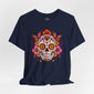 Navy T-shirt with colorful floral sugar skull graphic and butterfly accents