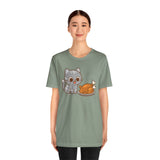 Sage green crew-neck T-shirt with gray cat and orange turkey cartoon illustration