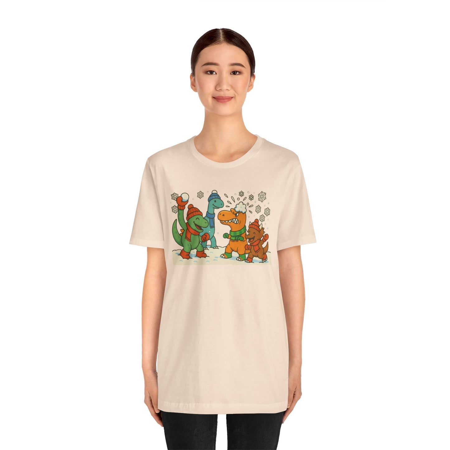 Dinosaur Snowball Fight T-Shirt – Funny Winter Dino Graphic Tee