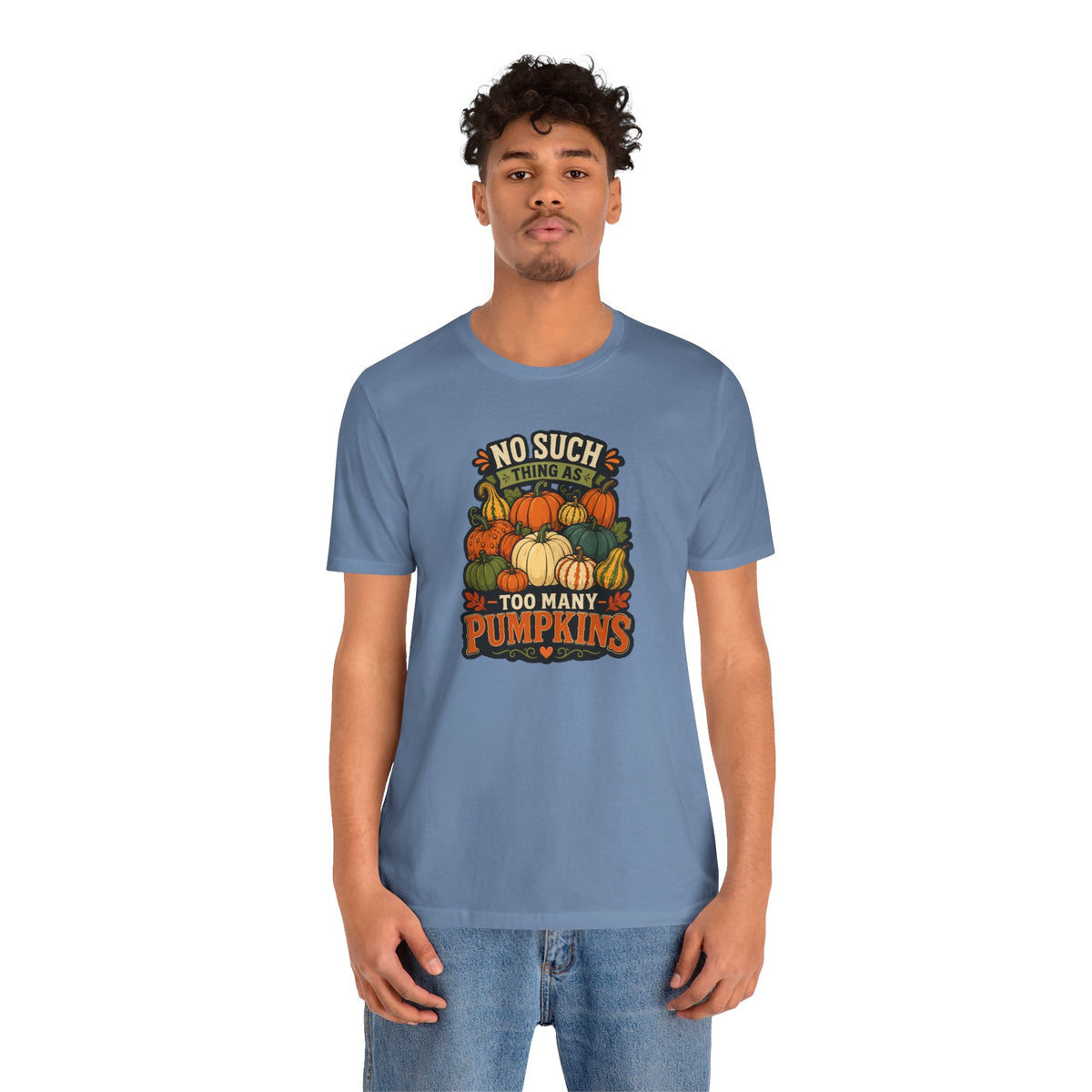 Steel blue crewneck T-shirt with pumpkin graphic on chest, model wearing it