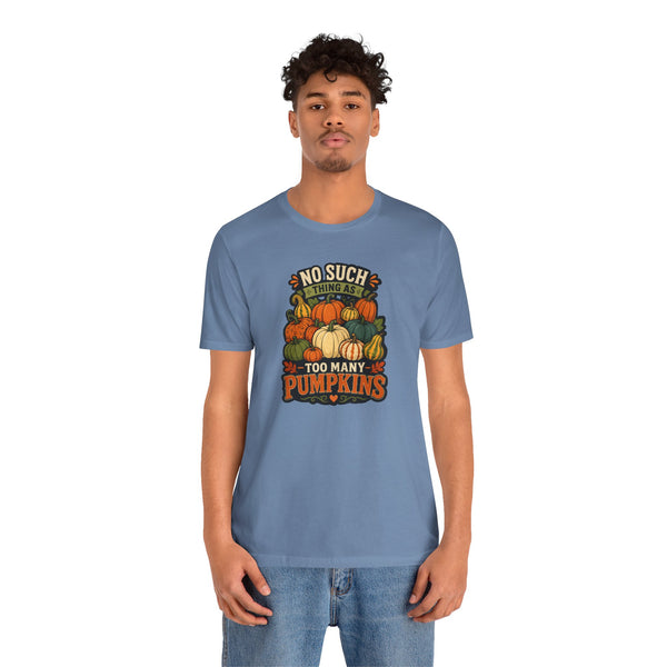 Steel blue crewneck T-shirt with pumpkin graphic on chest, model wearing it