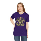 Team purple unisex crewneck T-shirt, front view, with meditating Cthulhu chest graphic