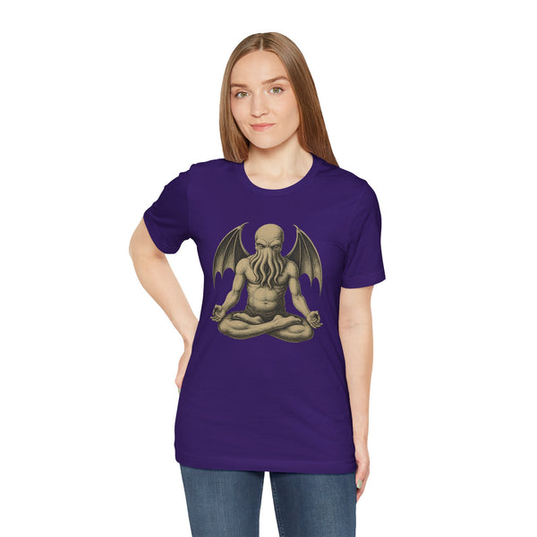 Team purple unisex crewneck T-shirt, front view, with meditating Cthulhu chest graphic